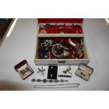 A cantilever jewellery box and contents of various