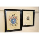 Two framed and glazed painted crests, one marked T