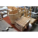 A Regency hamper together with a wicker stair bask