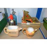 Two Ricard jugs; two soda syphons; a wooden box co
