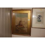 A framed and glazed watercolour study depicting fi