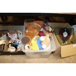 A box of various Teddy's and soft toys