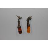 A pair of Sterling silver and amber set drop ear-r