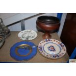 A stoneware pedestal bowl; a Copeland plate; two I