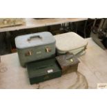 Three vanity cases and a small wooden money collec