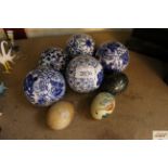 Five various blue and white china porcelain sphere