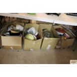 Four boxes of kitchenalia including enamelware, gl