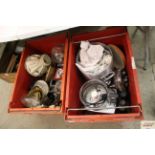 Two boxes containing glassware, cooking pots etc