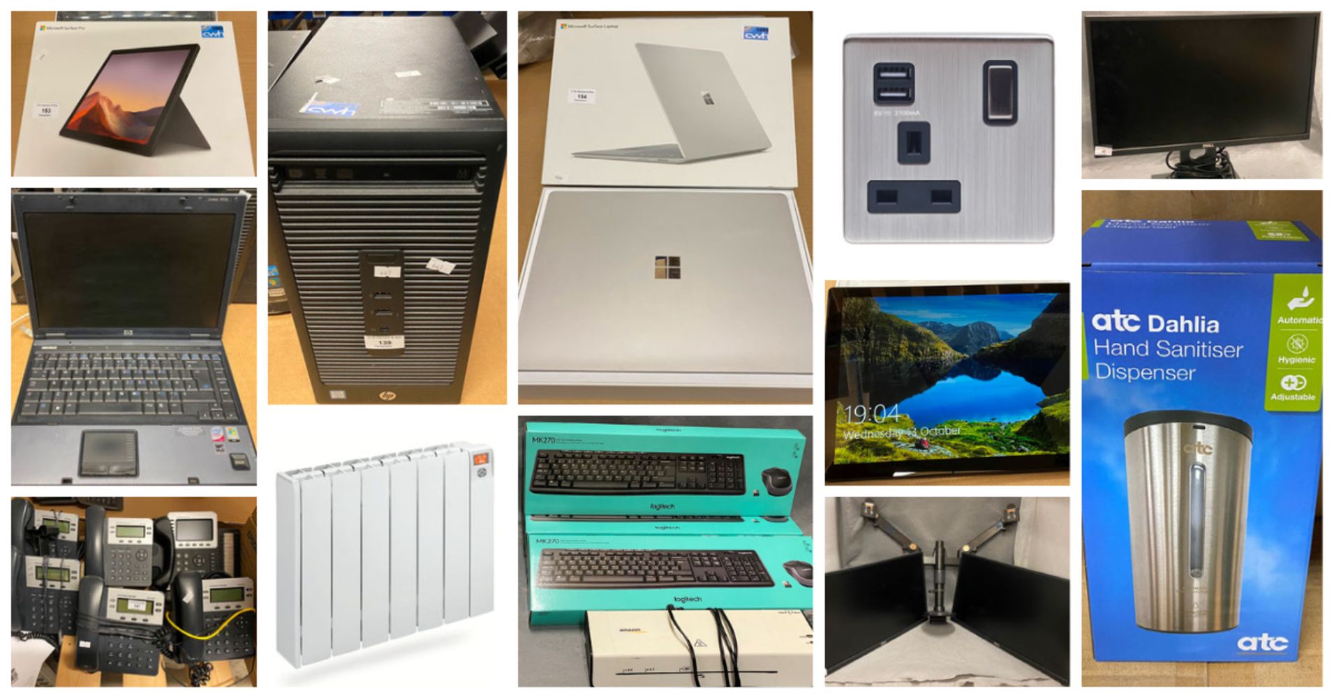 Computers, Laptops, Monitors, Stands, Accessories, Eurolite USB Sockets, ATC Electric Radiators, Sanitiser Dispensers, Pallets of Sanitiser