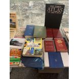 A collection of books including Encyclopedias, History, Flags of the World and Atlases.