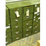 Two Veteran Series green metal five drawer units and contents to include brackets, fixings,