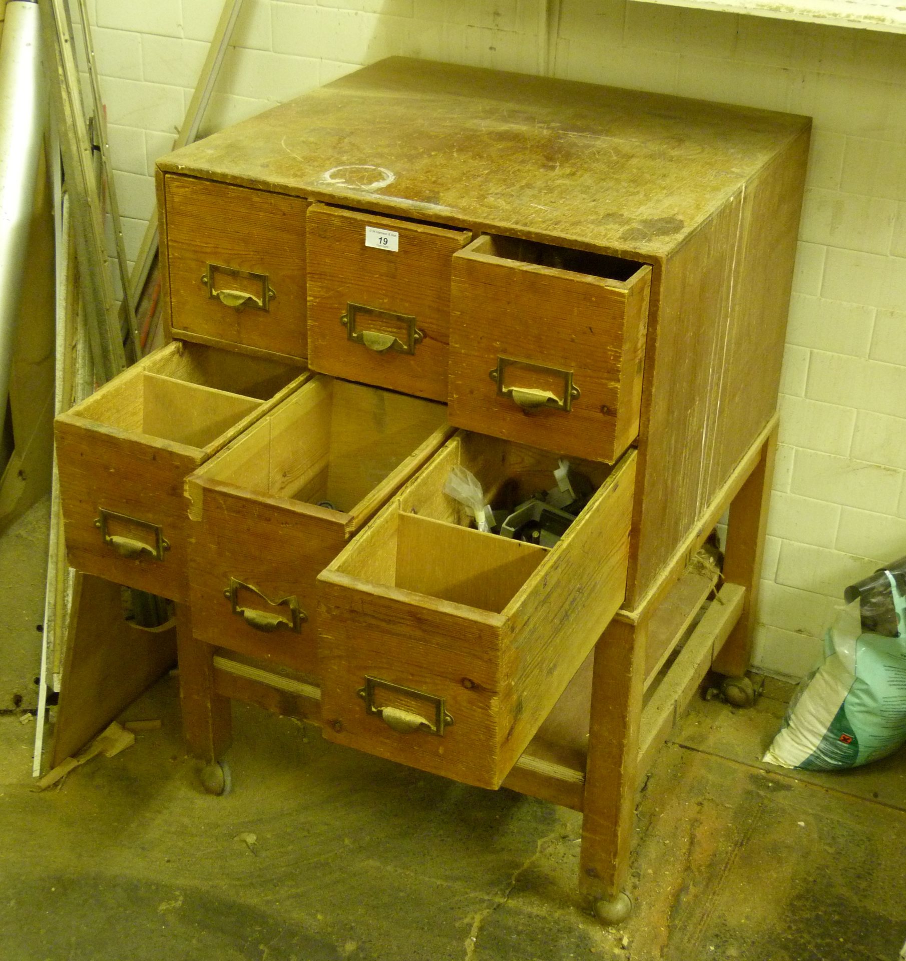 Six drawer unit to include contents - bolts, etc,
