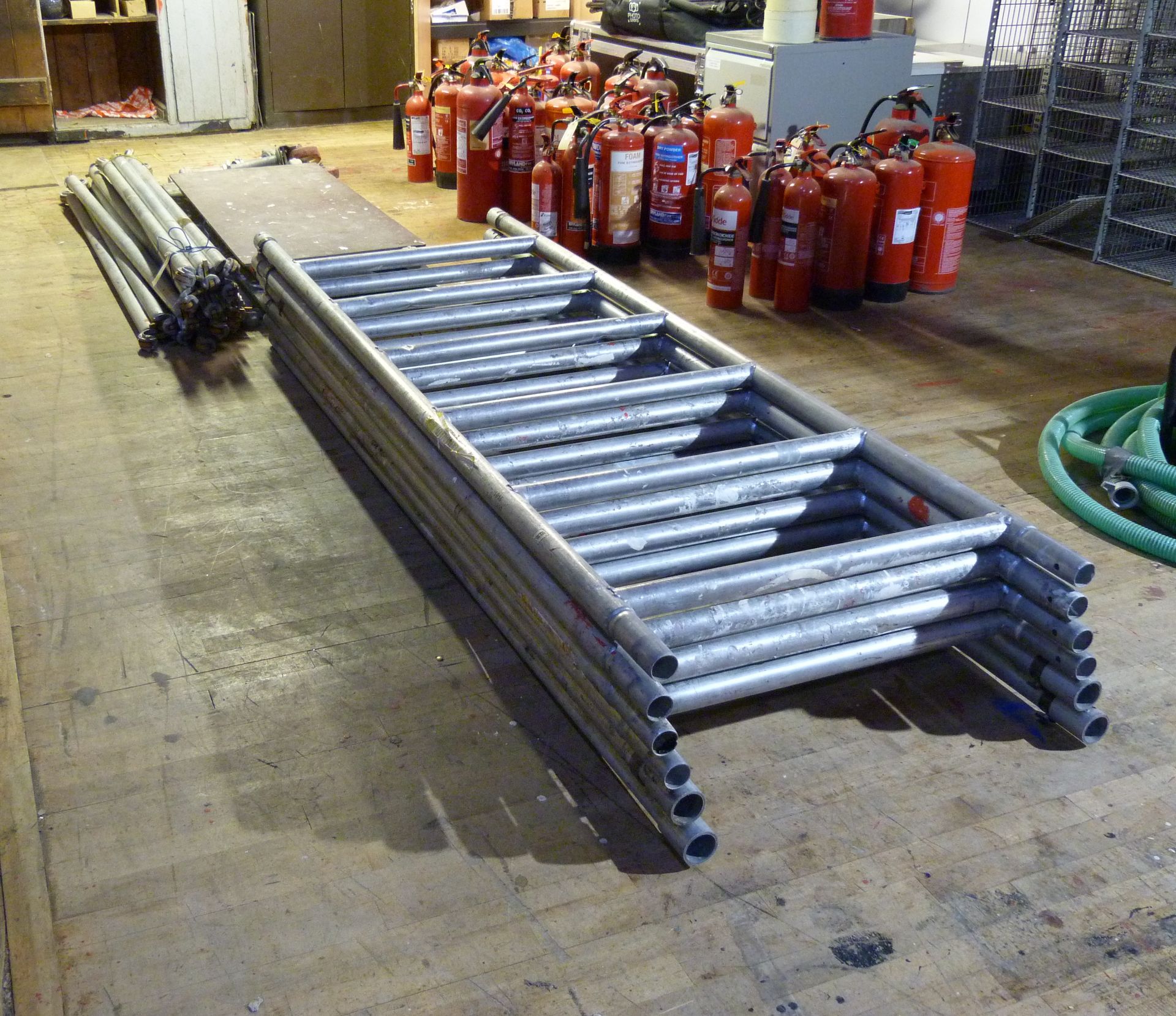 Component parts for a scaffold tower approximately 790mm wide with four wheels,