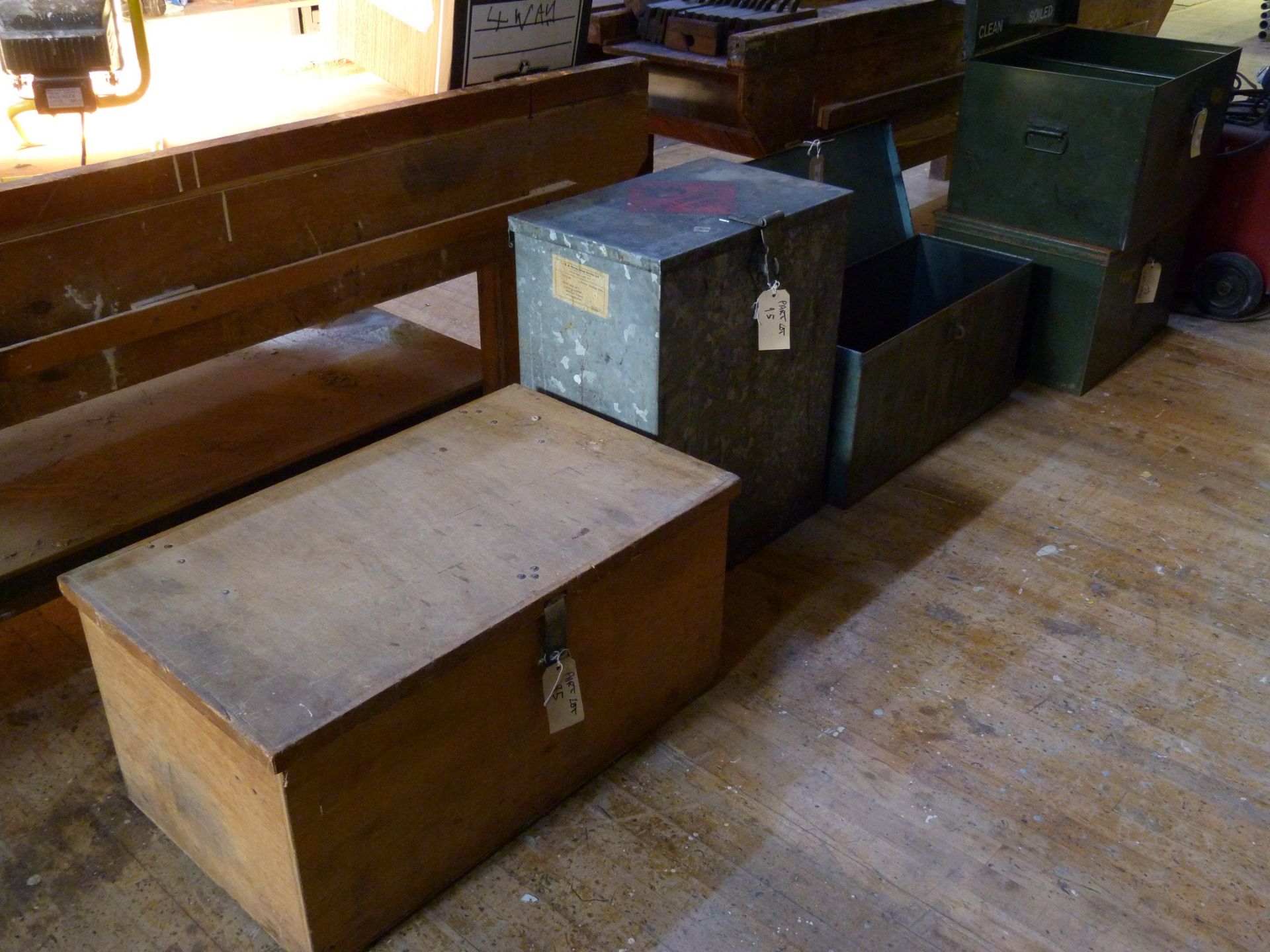 Two metal boxes and one wooden box with hinged lids (3)