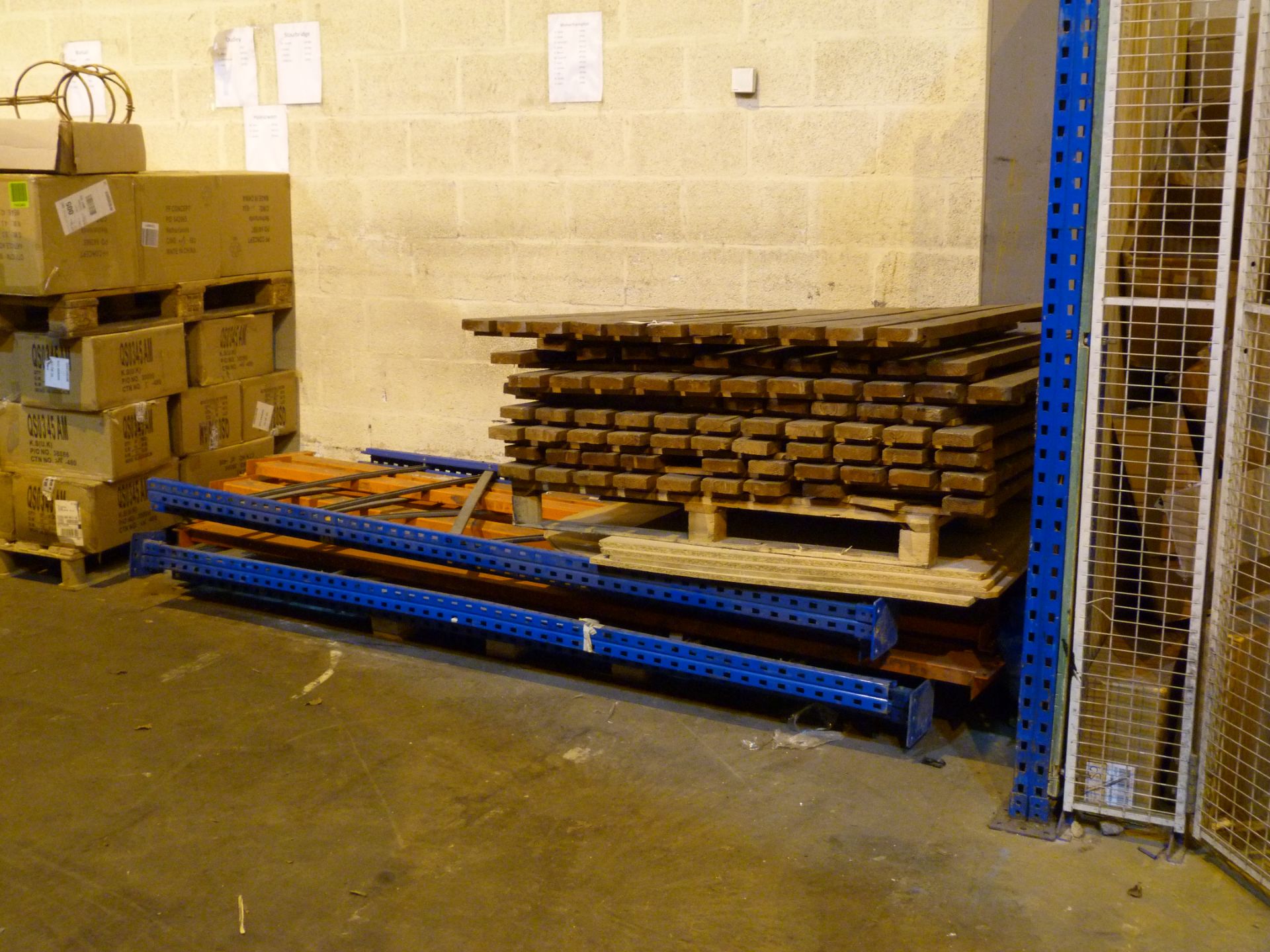 Two bays of low pallet racking consisting of three uprights and eight beams 2.