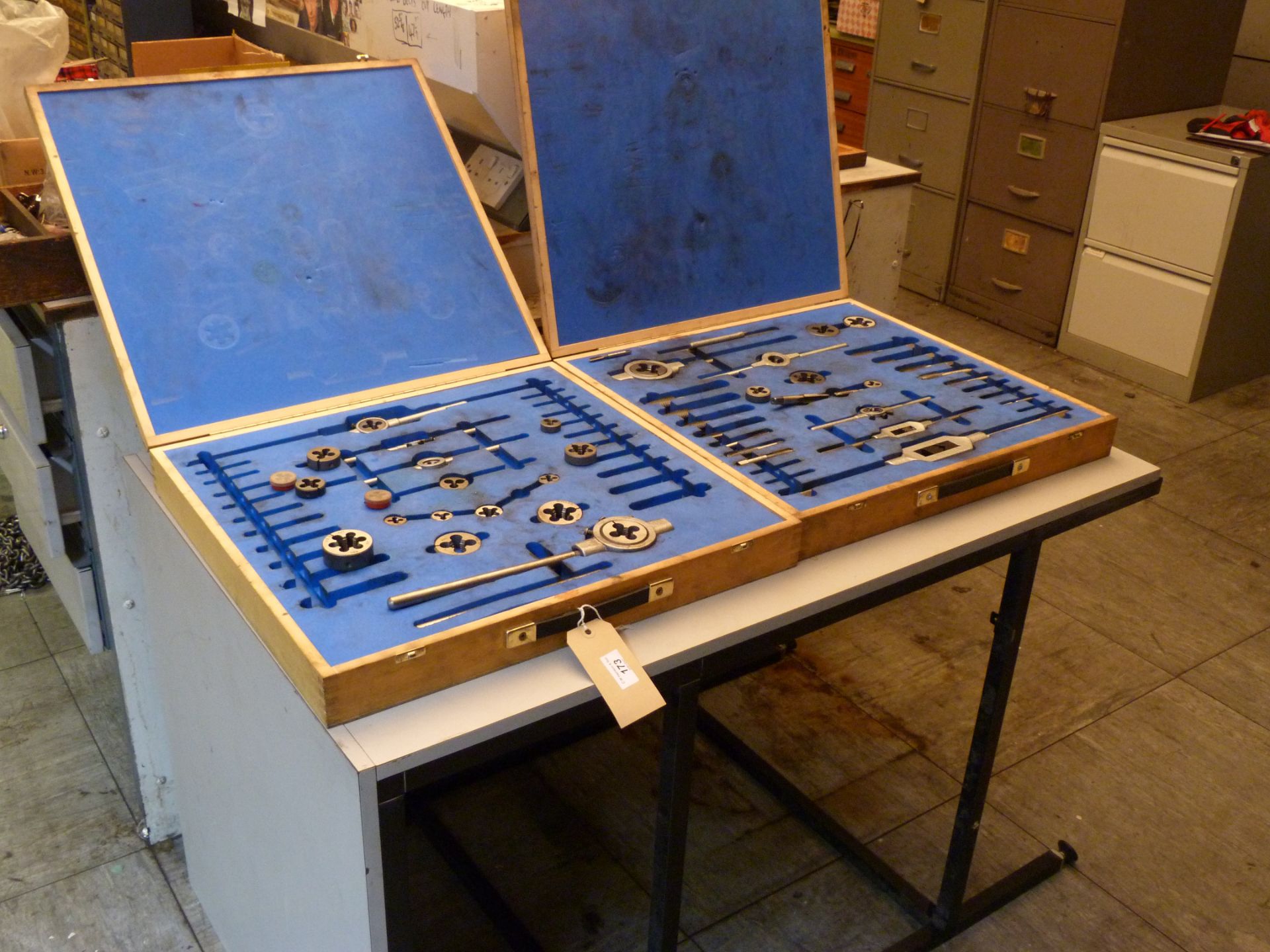 Two tap and die sets in wooden cases - one metric and one BSW