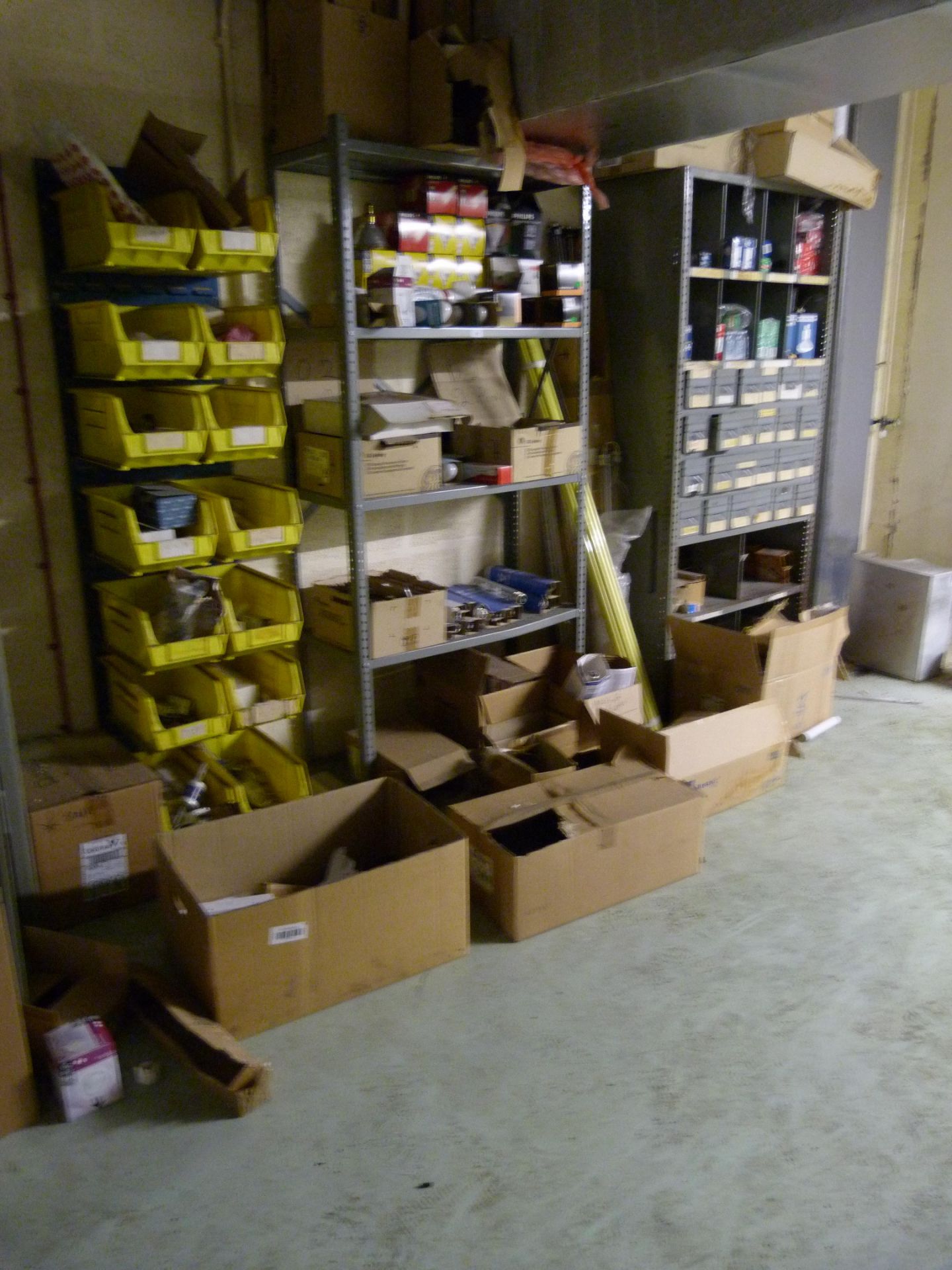 Lin Bins, rack and metal unit and contents light bulbs,