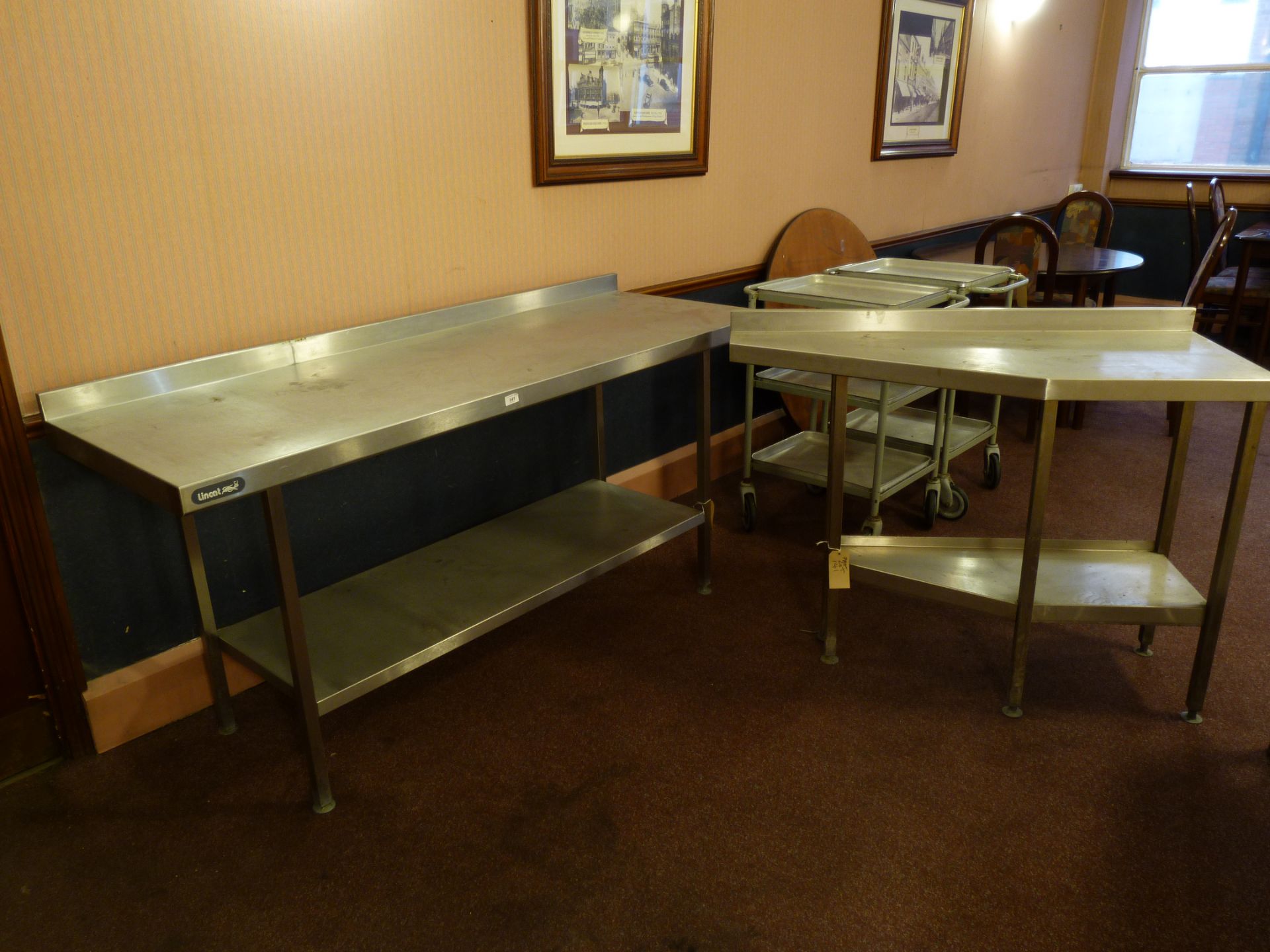 A Lincat stainless steel preparation table 180cm x 65cm and small preparation table 120cm x 50cm