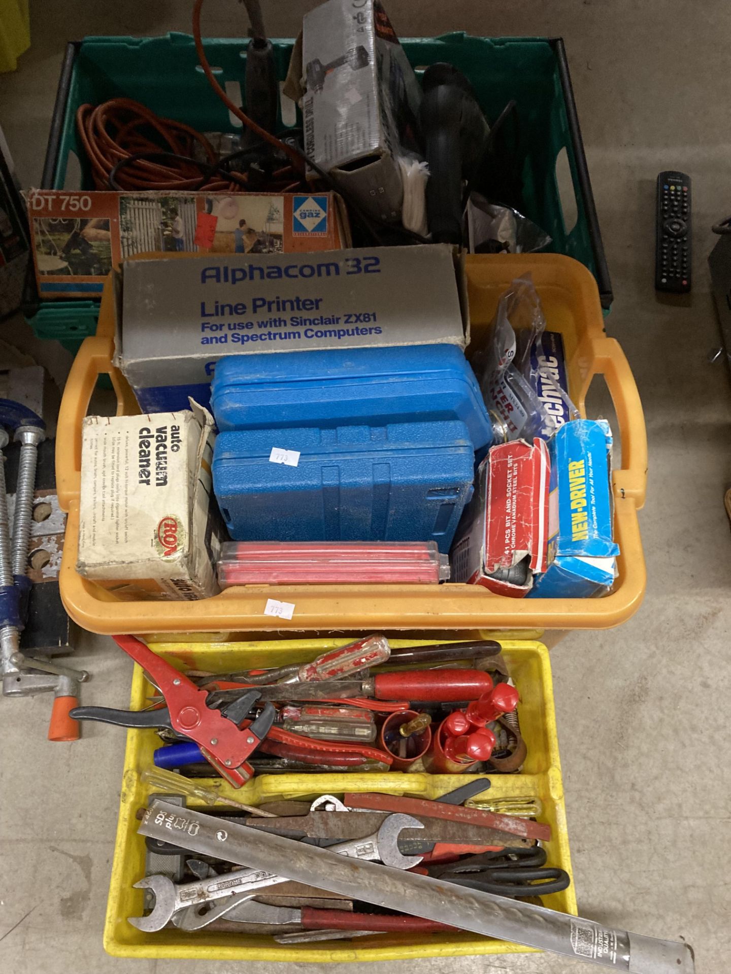 Contents to two boxes and tool tray including assorted hand tools, Black and Decker hammer drill,