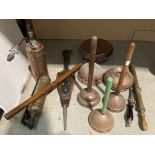 Eleven items - brass and copper ware including two fire extinguishers, possers, bellows,