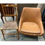 An orange vinyl 1960's swivel chair on four star base and a bedroom chair (2)