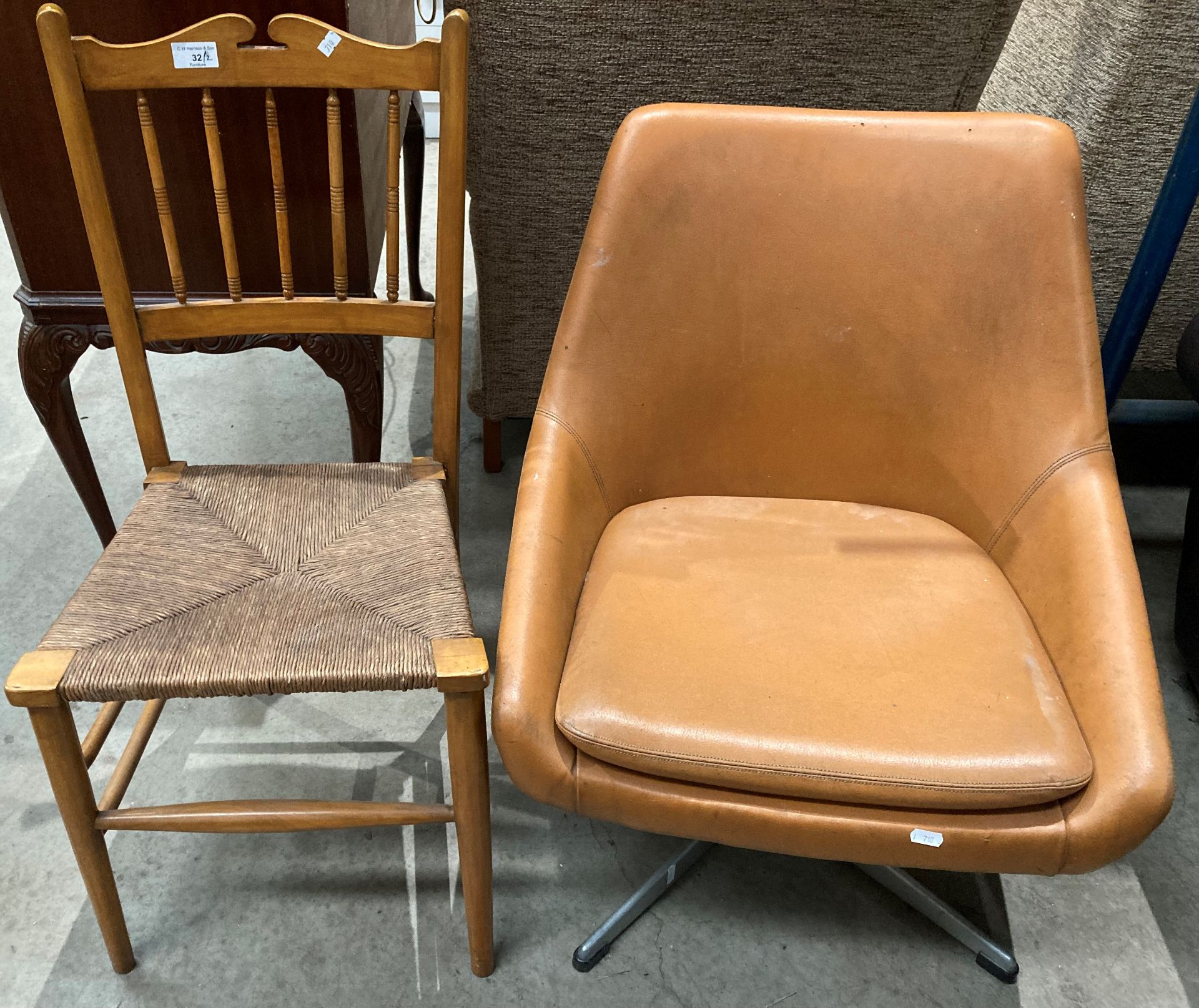 An orange vinyl 1960's swivel chair on four star base and a bedroom chair (2)