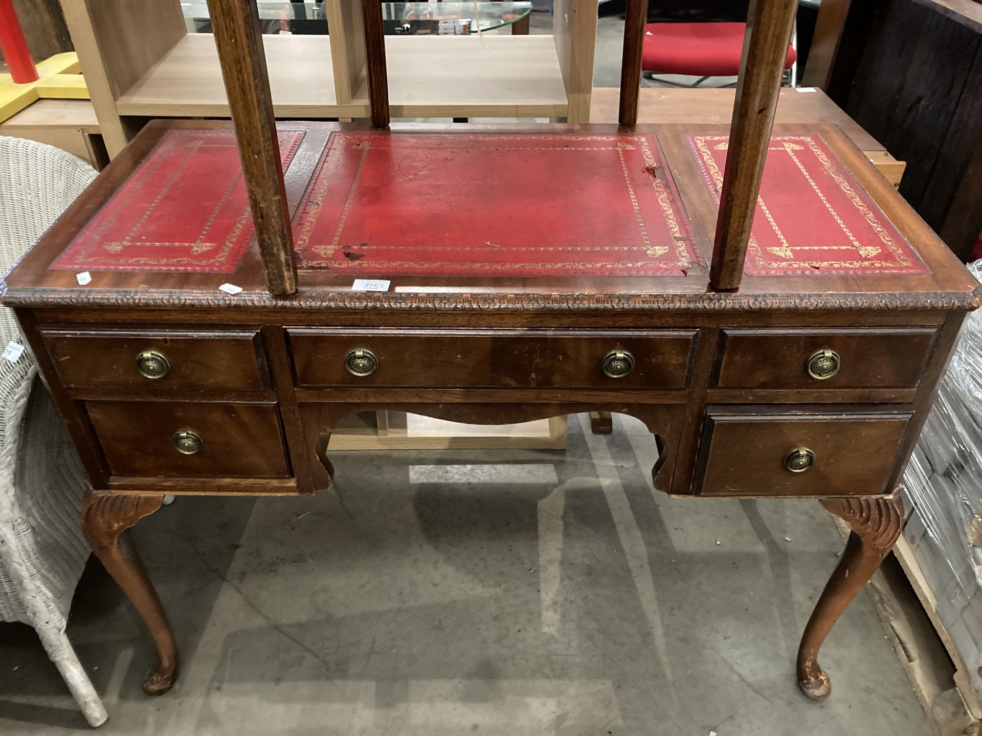 A mahogany five drawer desk with red tooled leather top - damaged 110cm x 50cm - Image 2 of 3