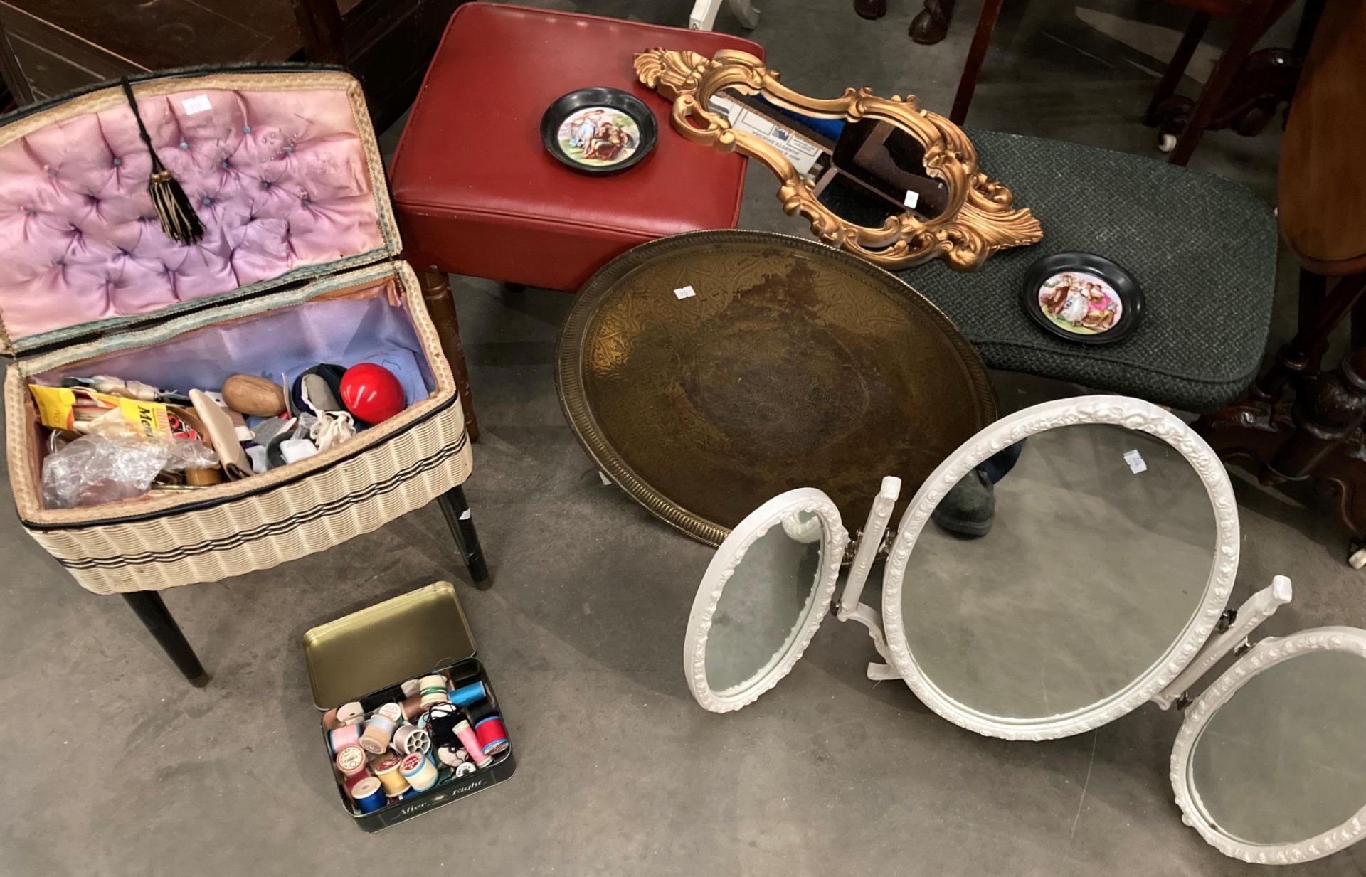 A sewing box on legs and all contents - sewing accessories, two stools, a brass tray,