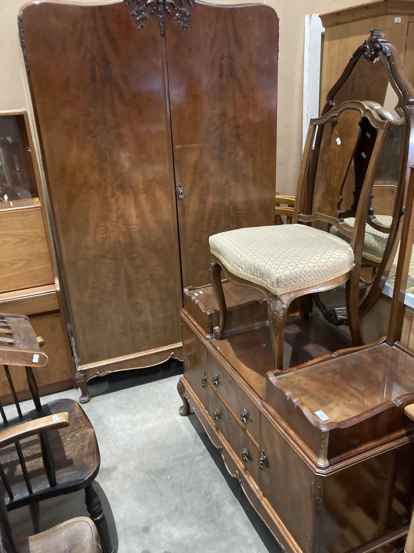 A walnut three piece bedroom suite comprising double door wardrobe 120cm x 200cm high,