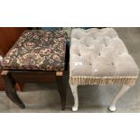 Two wood framed stools with upholstered seats (one with lift top is damaged)