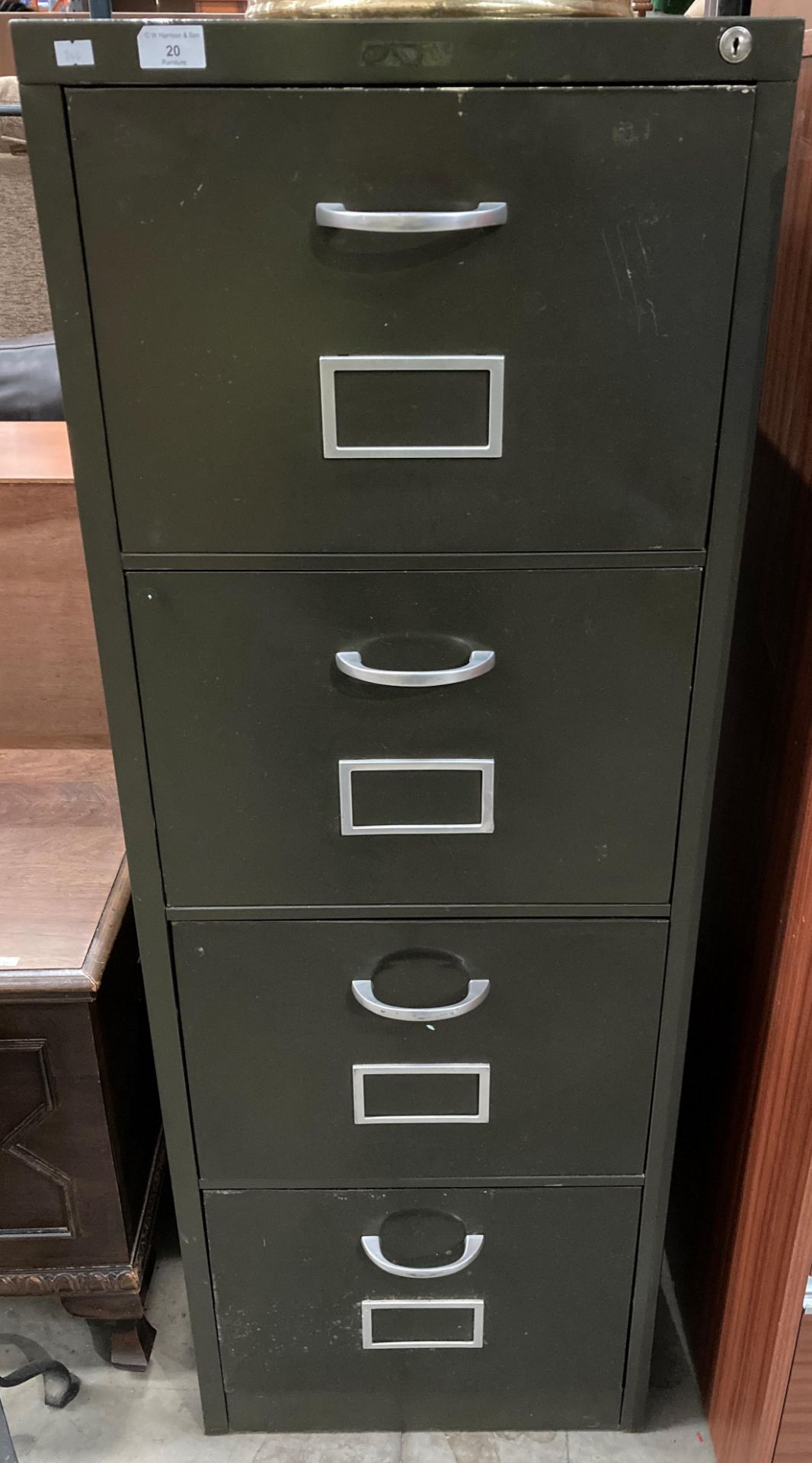 A vintage green metal four drawer filing cabinet Further Information Dimensions are
