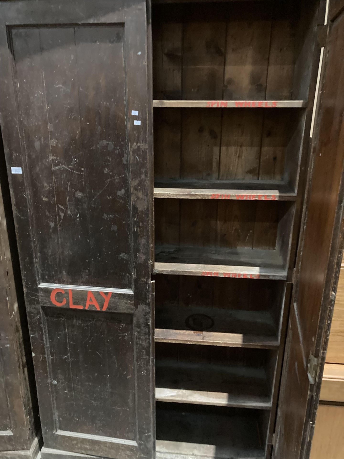 A pair of stained pine tall five shelf storage cupboards with sloped roofs each 110cm x 36cm x - Image 3 of 5