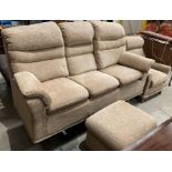 A G Plan light brown upholstered three seater settee with matching lift top pouffe and armchair (3)