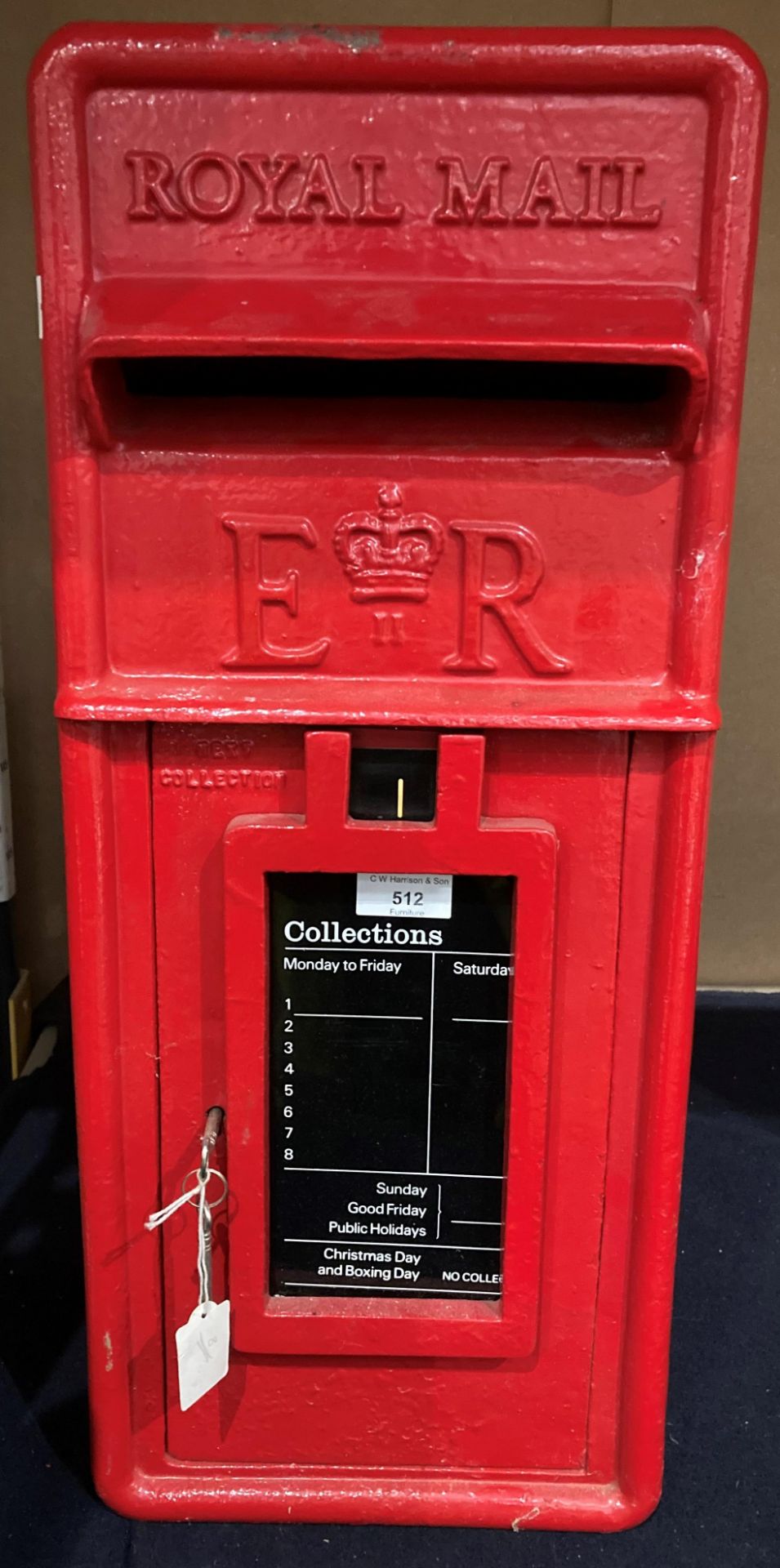 An ER II Royal Mail red letter post box 26cm x 34cm x 61cm high complete with key (restored)