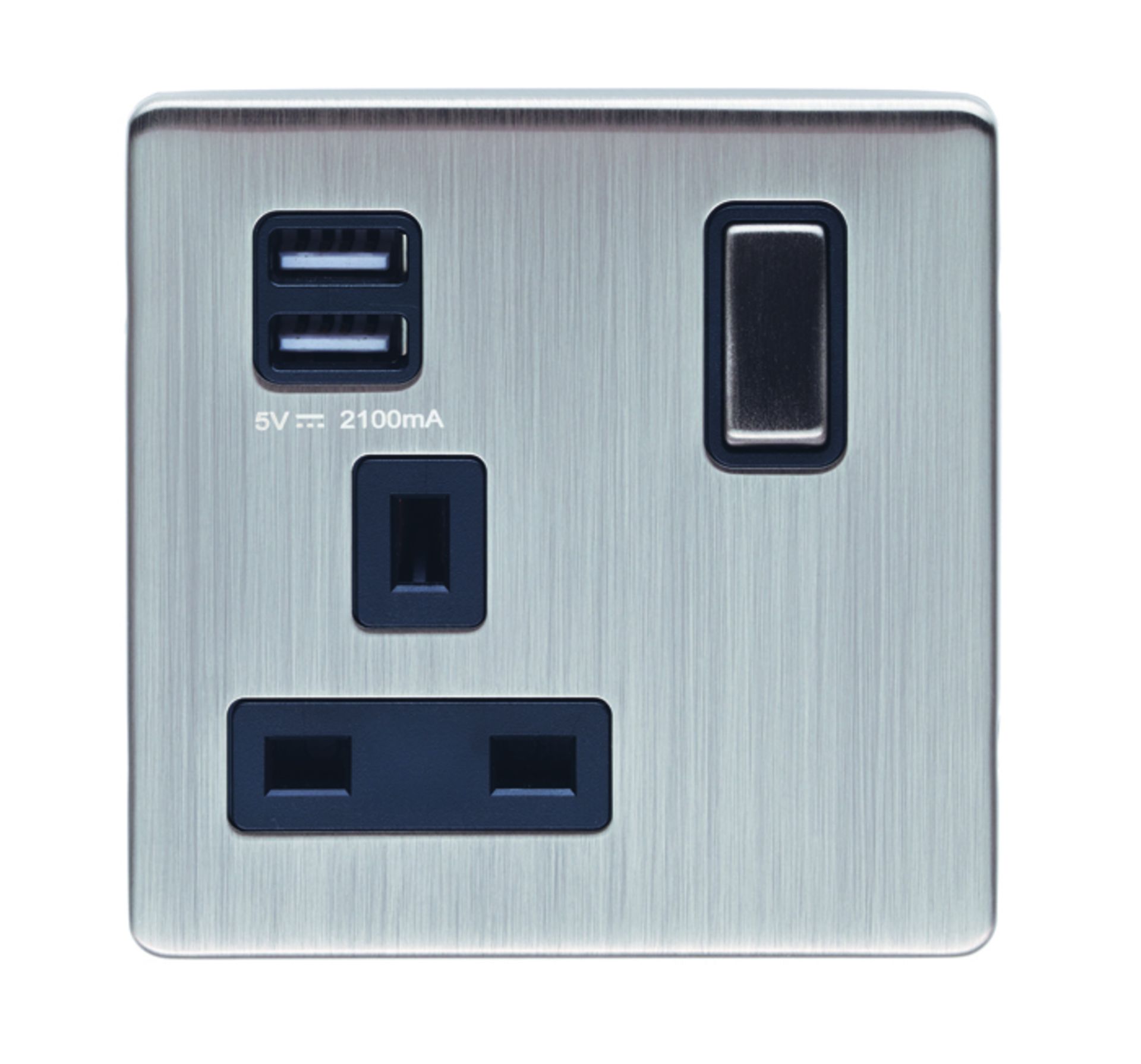 10 x Eurolite Concealed 6mm Satin Nickel Plate 1 gang 13amp switched sockets with twin 2.