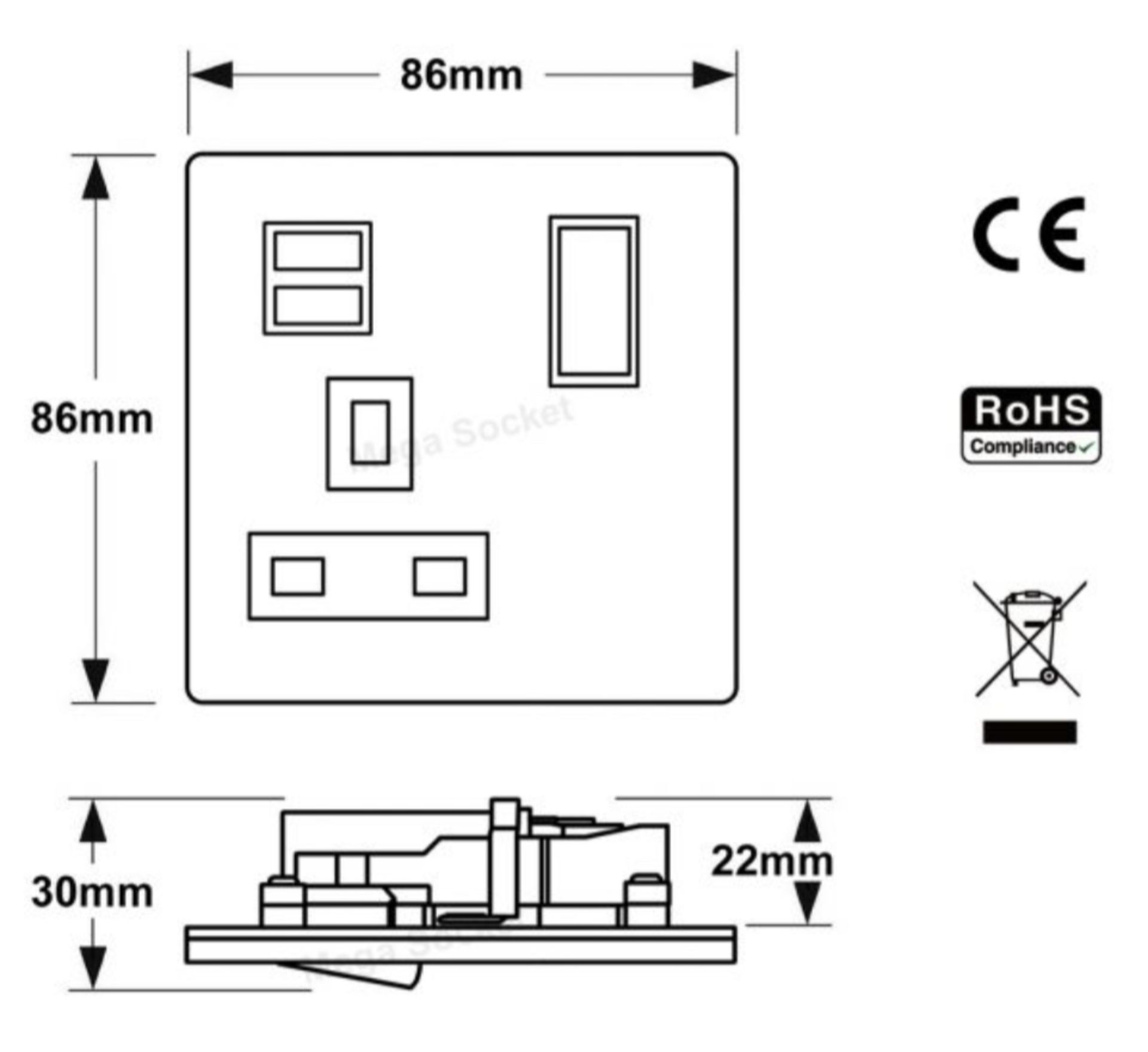 10 x Eurolite Concealed 6mm Satin Nickel Plate 1 gang 13amp switched sockets with twin 2. - Image 7 of 9