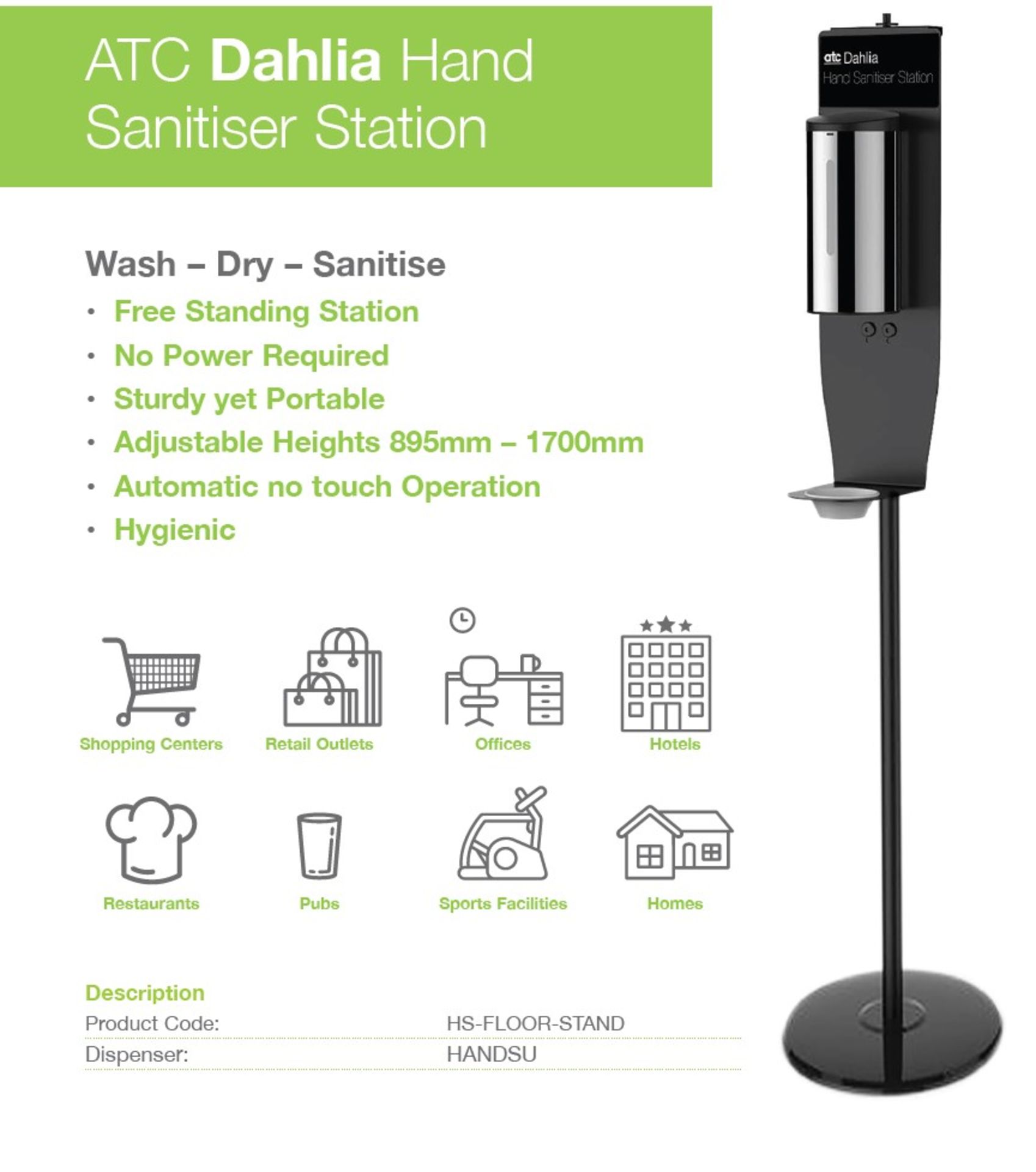 2 x ATC Dahlia Sanitiser Dispenser Floor stand Stations - (New,