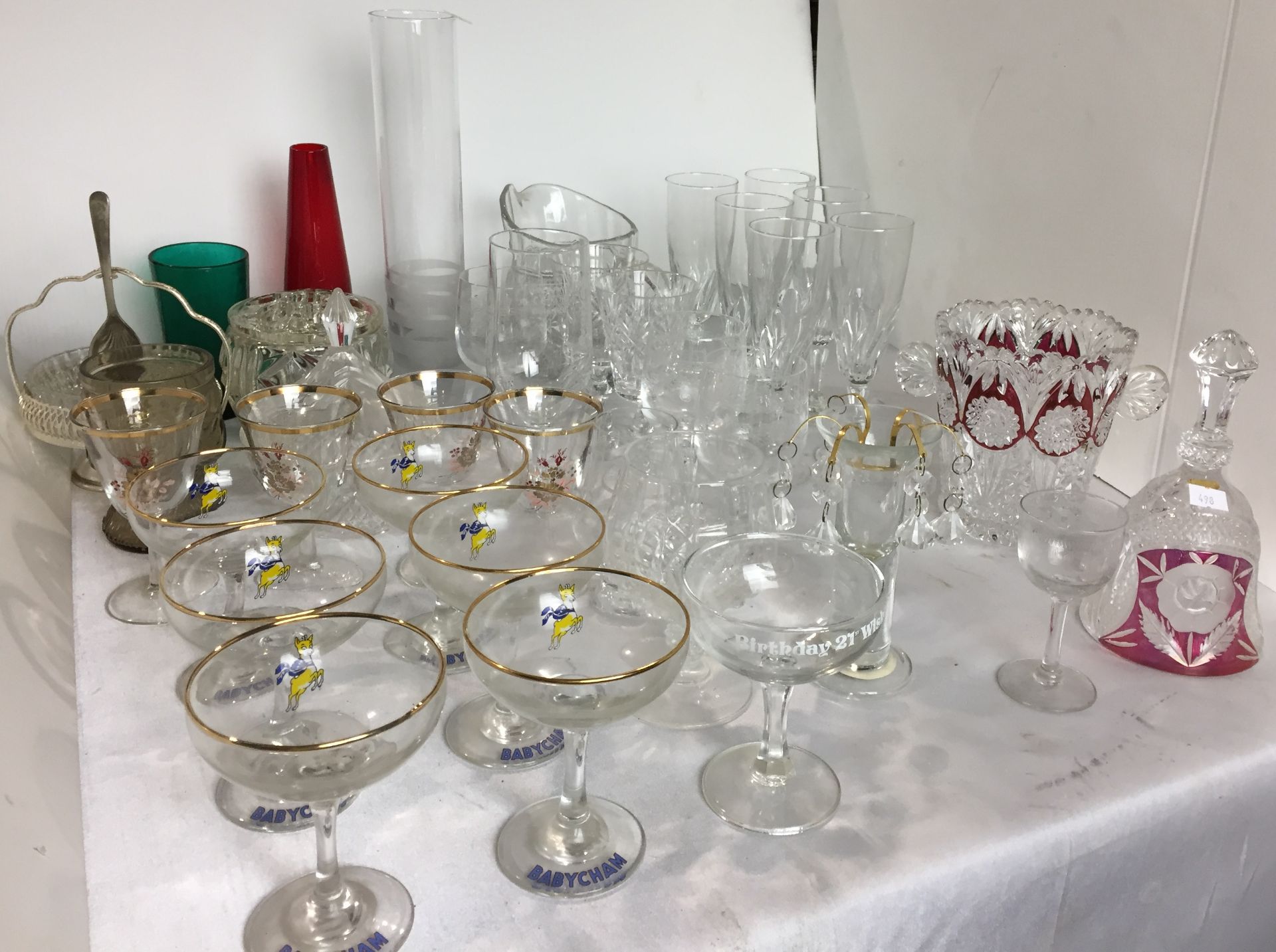 30+ pieces of glass including set of 6 Babycham glasses, cut glass cranberry trimmed ice bucket,
