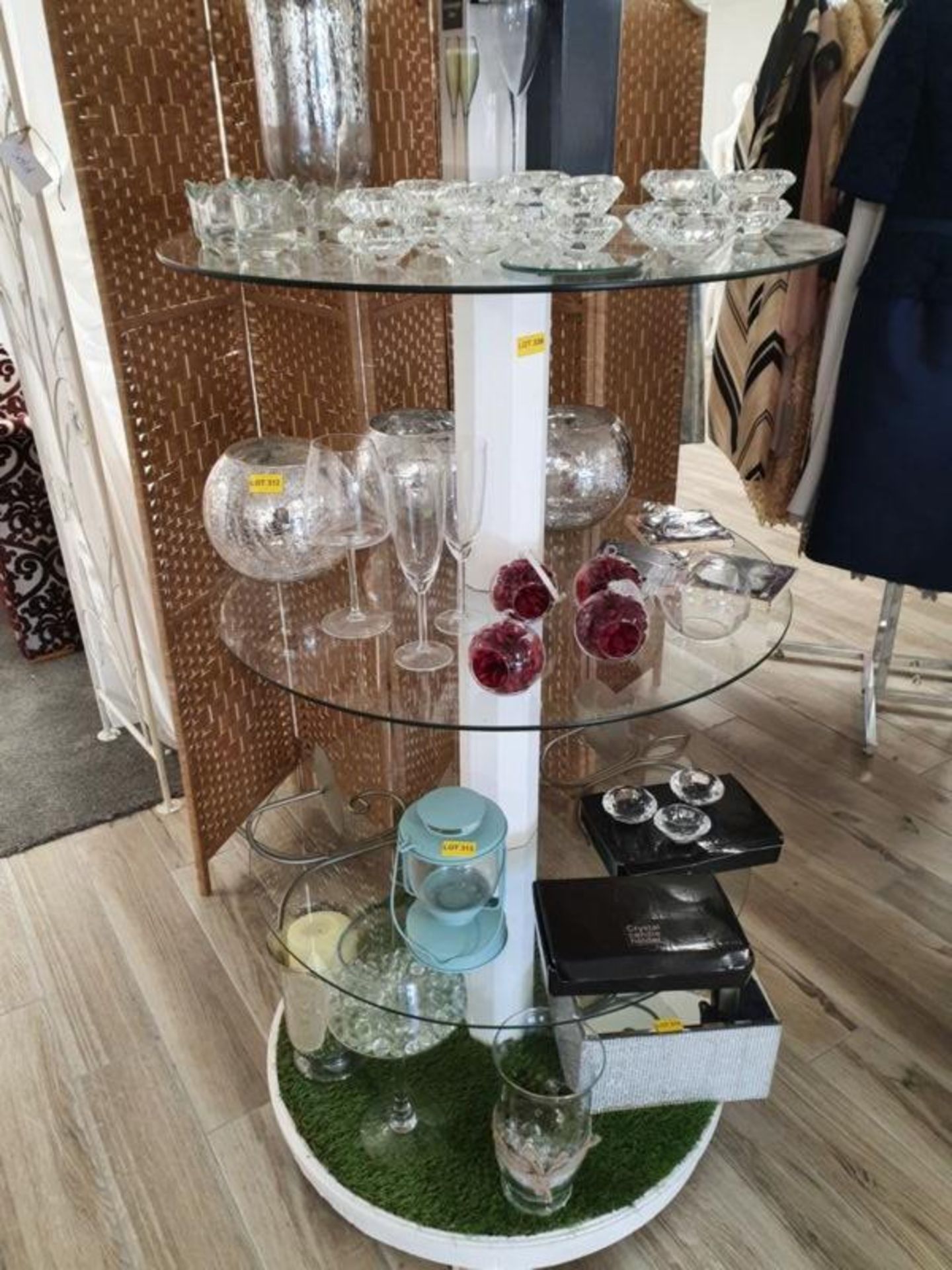 4 Tier Round Glass & Wood Display Unit.