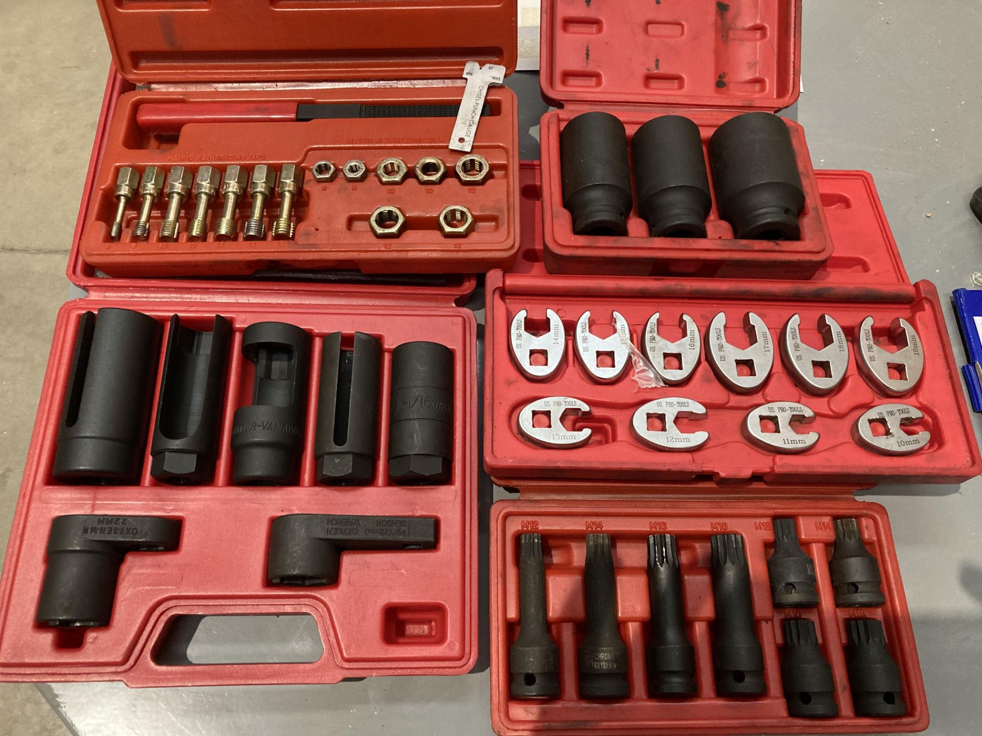 5 assorted cased tooling sets Trident 7 piece oxygen sensor sockets, Trident 3 piece hub nut socket,