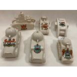 Six pieces of World War I related crested china armoured cars and tanks by Corona, Goss,