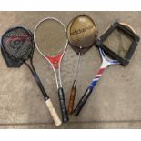 A Slazenger Meteor tennis racquet with press, another tennis racquet,