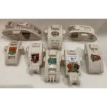 Eight World War I crested China tanks by Willow Art, Swan, Carlton, Clarence, Arcadian,