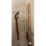 A five piece cane fishing rod in pine case (makes into two rods) possibly by Olympic