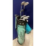 Contents to golf bag - five assorted putters Slazenger, Fazer etc,
