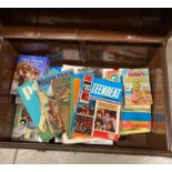 Brown metal dome top trunk and contents - children's and other books - Wagon Train annual,