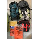 Contents to plastic crate - two assorted ruck sacks by Freeman Safari 60 and Peucho Forclaz 60,