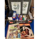 Contents to box - two framed floral prints, The Oxford Text Book of Medicine,