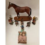 A Royal Doulton horse on plinth missing an ear, a Sylvac foal, five Beswick birds, two Chaffinches,