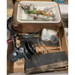 Contents to tray - a Daiwa No 785 fishing reel, floats, spinners,